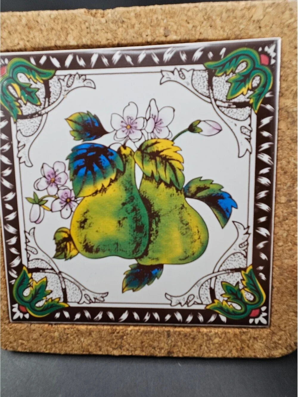 Vintage Pear Ceramic Tile Trivet Cork Backed Regent Products 8x8